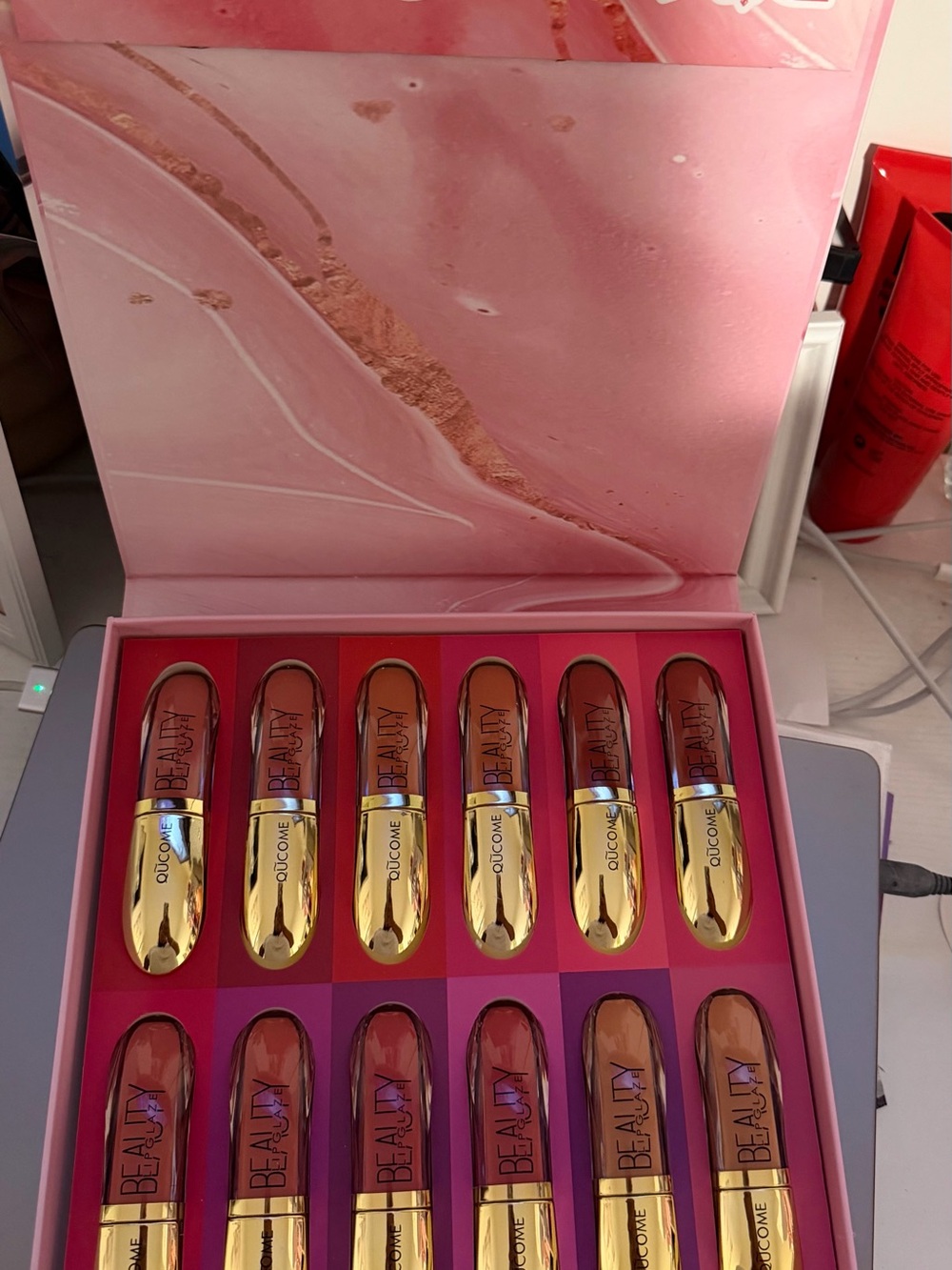 Gold-Accented Pink & Nude Lip Gloss Set - 12 Shades